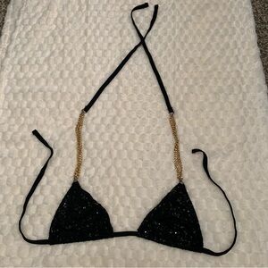 Beach Bunny Black Sequin All That Glitters Bikini Top with Gold Chain Straps